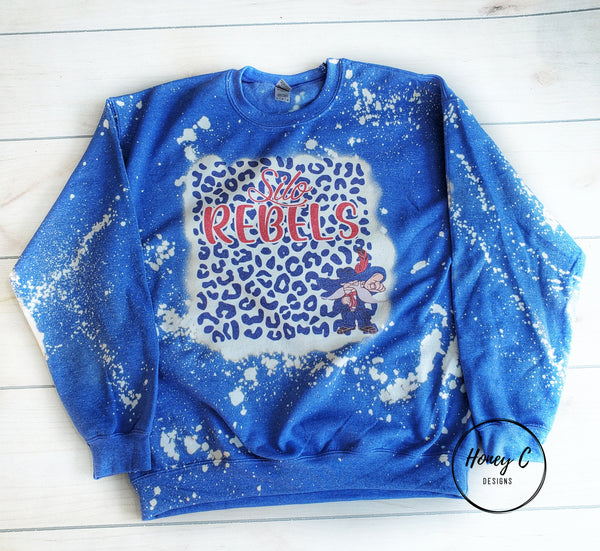 Silo Rebels Leopard w/mascot blue bleached sweatshirt