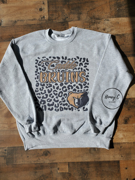 Caddo Bruins Leopard background w/mascot sport grey sweatshirt